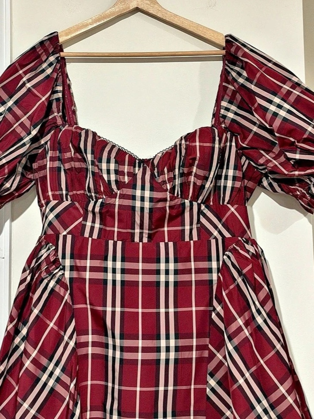Anthropologie Maeve Puff Sleeve Burgundy Plaid Mini Dress XL - Picture 5 of 10